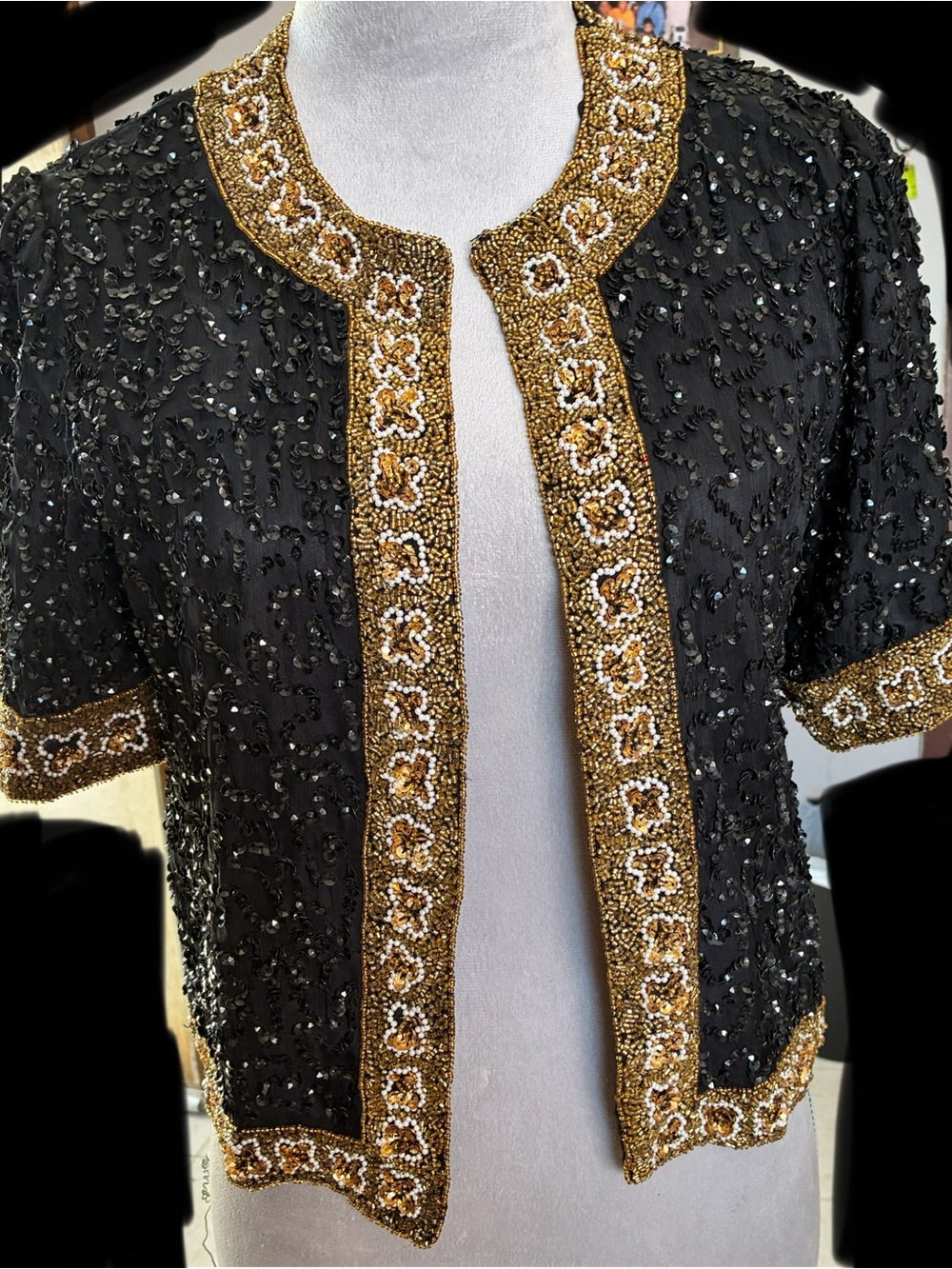 Laurence Kazar Black Beaded Short Sleeve Jacket with Gold Beaded Trim